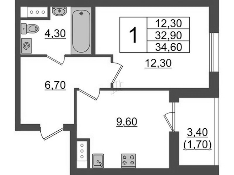 1-комнатная квартира 34.6 м², 6/9 эт., ЖК «А101 Лаголово»